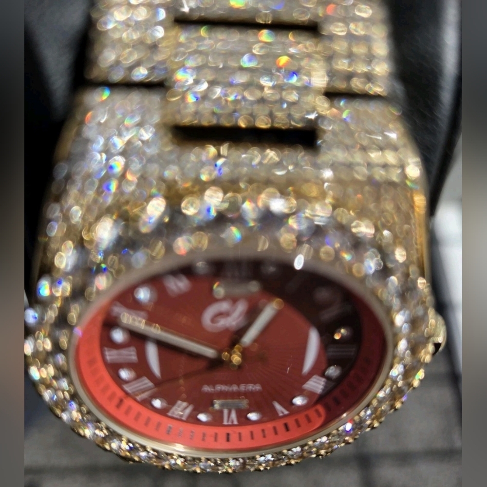 GLD Gold Iced Out 42MM Fully Iced Alpha Era® w/Diamond Prong Link Band /Red Face - Picture 4 of 12